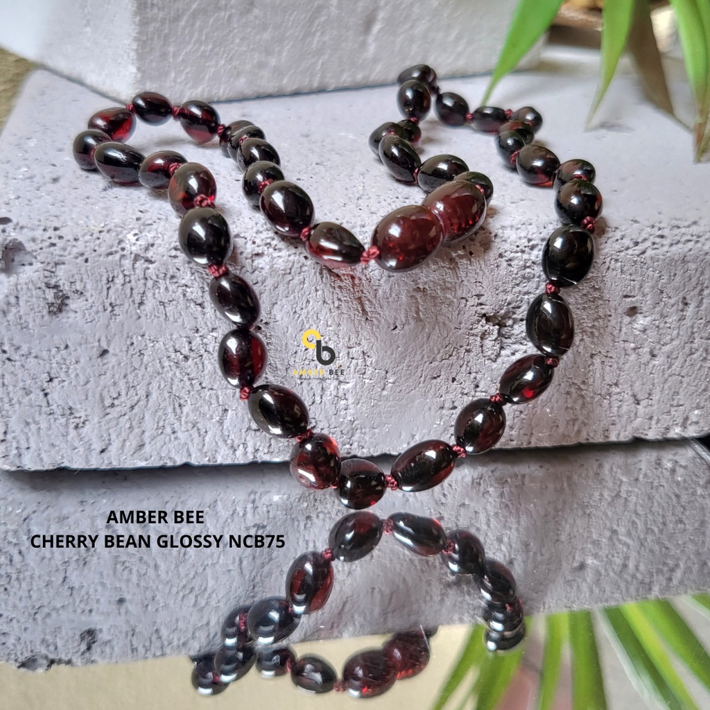 Kalung Amber Bayi Anak Premium Glossy Dark Cherry Beans BGCB68 By Amber Bee