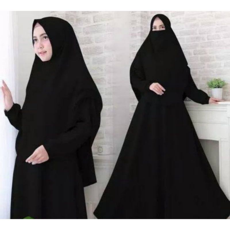 abaya polos cantik simpel tgn karet kerut wudhu friendly dan bawah klok lebar gaun cantik