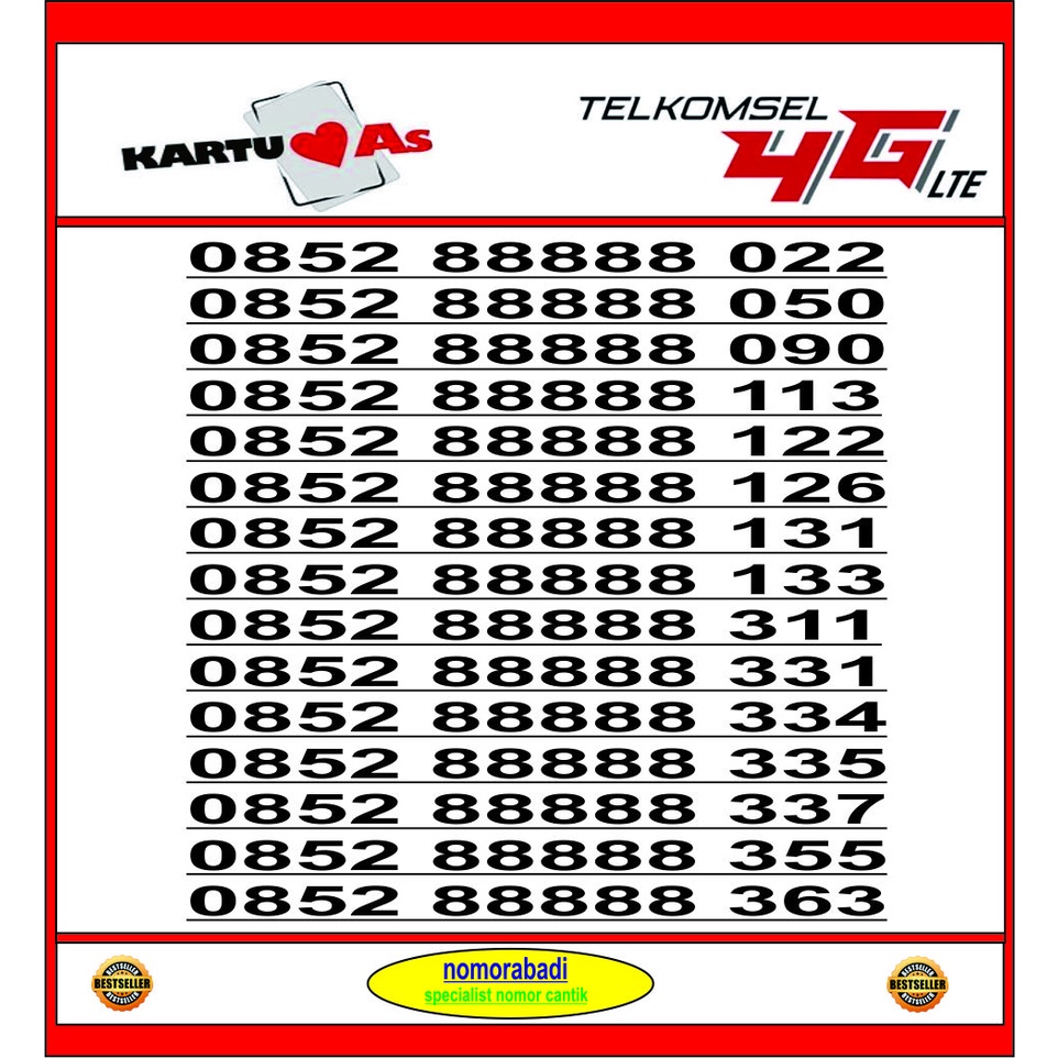 NOMOR CANTIK AS 4G 0852 88888 H1200