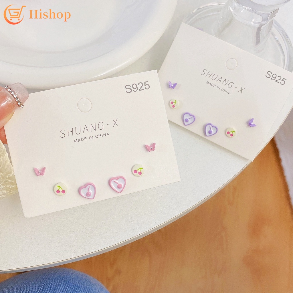 3 Pasang / Set Anting Stud Bentuk Cherry Heart Kupu-Kupu Aksen Mutiara Untuk Aksesoris Perhiasan Wanita Butterfly