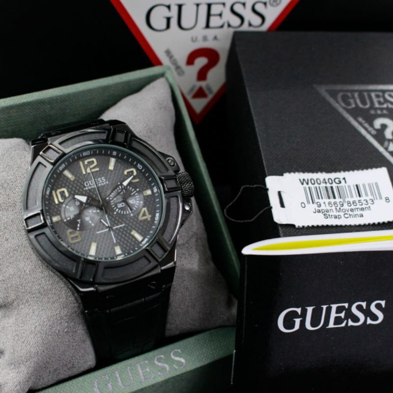 Jam Tangan Pria Guess Rigor W0040G1 Cronograph Dat-date, Black Leather Strap, 45mm Original