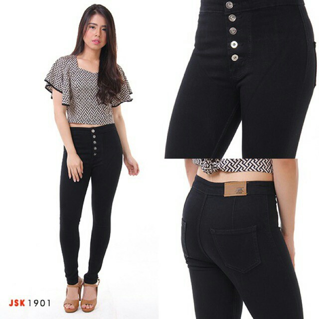 Celana Panjang HighWaist Skinny Jeans Wanita / Cewek Stretch Baru Kancing 5