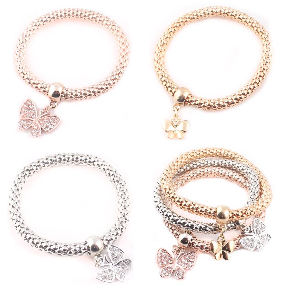 Lily 3Pcs/set Multilayer Pesona Gelang Baru Perak Emas Rose Gold Chic Kupu-Kupu/Liontin Hati