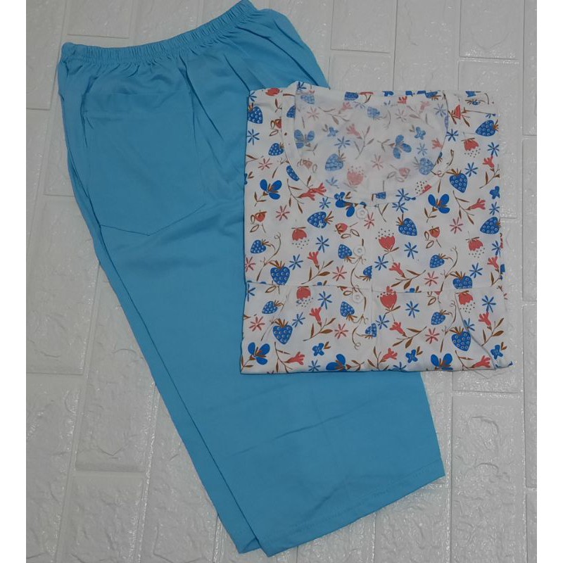 Baju dan celana tidur wanita ibu-ibu biru (L), motif kelinci