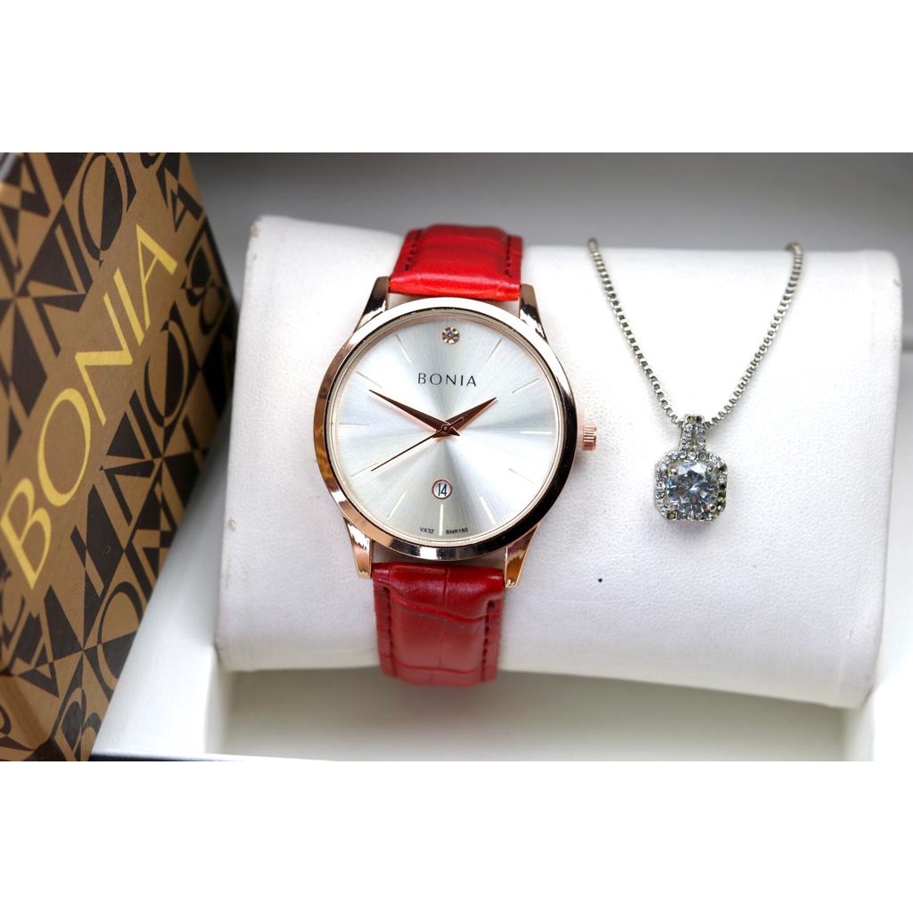 Bisa Cod - Jam Tangan Wanita Bonia 6780 PW Tali Kulit Tanggal Aktif Free Box & Baterai Cadangan