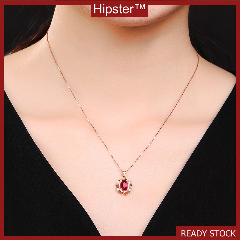 Full Diamond Natural Ruby Pendant Vintage Rose Gold Necklace