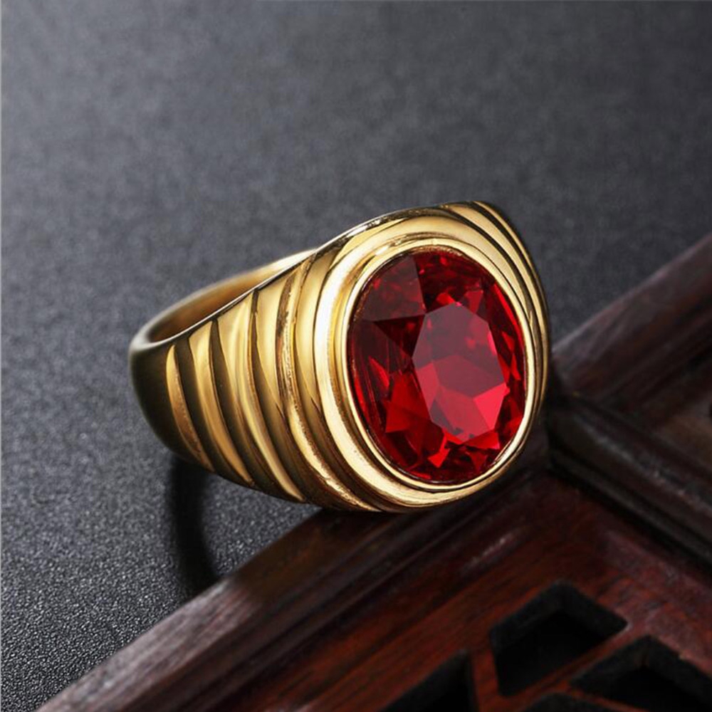 18rb Emas Rubi Baja Titanium Pria wanita merah hitam Batu permata Kristal Perhiasan Fashion Pasangan Cincin Rings