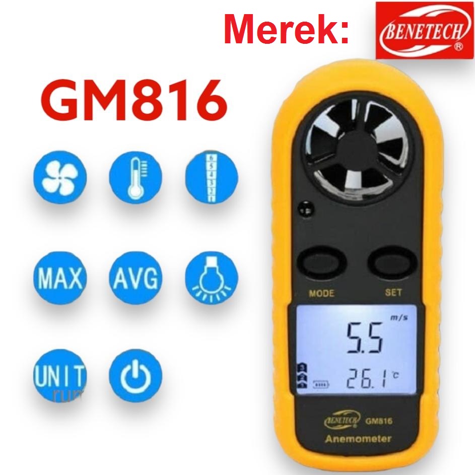 Digital Wind Anemometer GM816 Pengukur Kecepatan Angin GM 816 Tester Velocity Benetech Anemo Meter