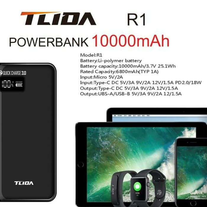 PowerBank Power Delivery TLIDA 10000 mAh PowerCore 2 USB Support Fast Charging Quick Charge 3.0 R1