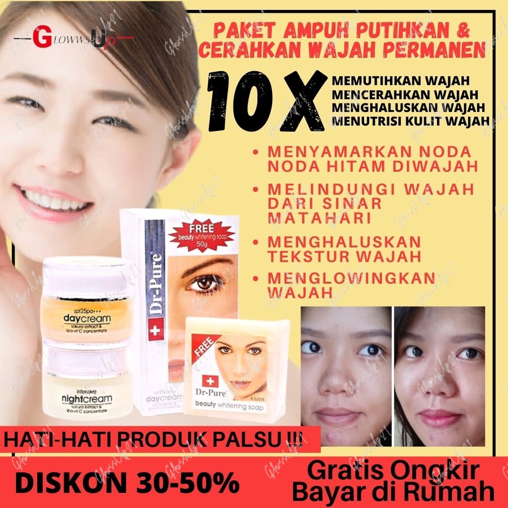 CREAM PENCERAH WAJAH DR PURE SET WHITENING CREAM KRIM SIANG MALAM PERAWATAN WAJAH