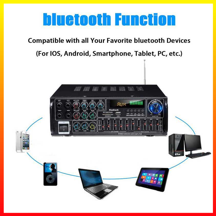 Ampli Hi-Fi Stereo Audio Amplifier Bluetooth EQ Karaoke FM 2000W Remot Kontrol Radio FM Slot Kartu SD dan USB - Sunbuck AV-326Z PLUS - 4PSK07BK