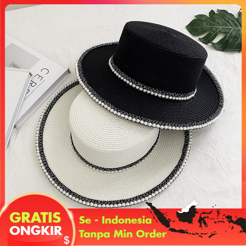 Topi Jerami Mutiara Renda Topi Wanita  Korea Leisure Liburan Kerai Putih