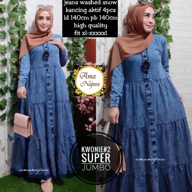 (COD) Kwonie#2 Gamis Jeans Jumbo Ld 140 M-XXXXL oversize Dress busui Polos Rempel Susun Umbrella Max