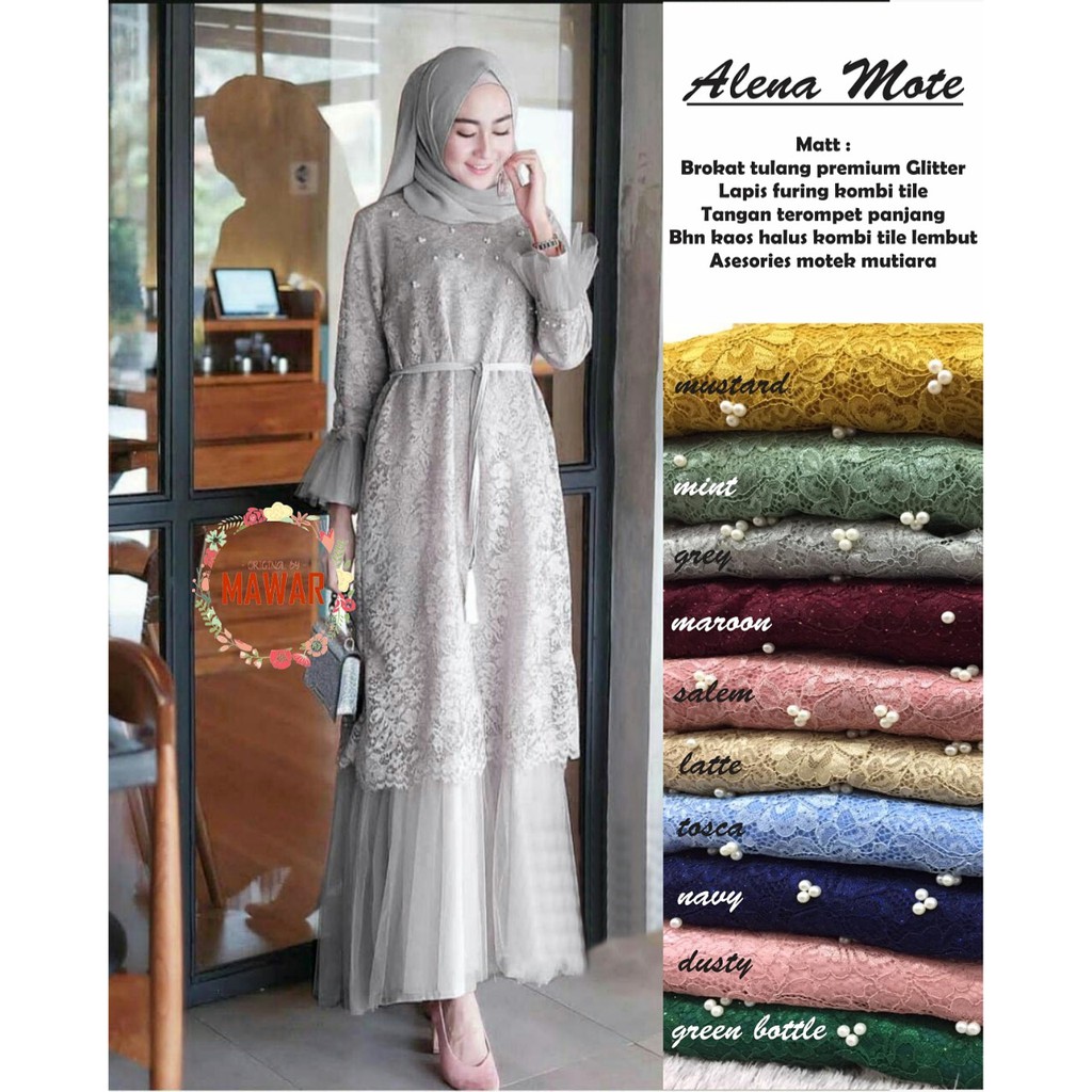 ALENA MOTE by mawar long party dress muslim wanita brokat broklat fashion kekinian wisuda pesta tile