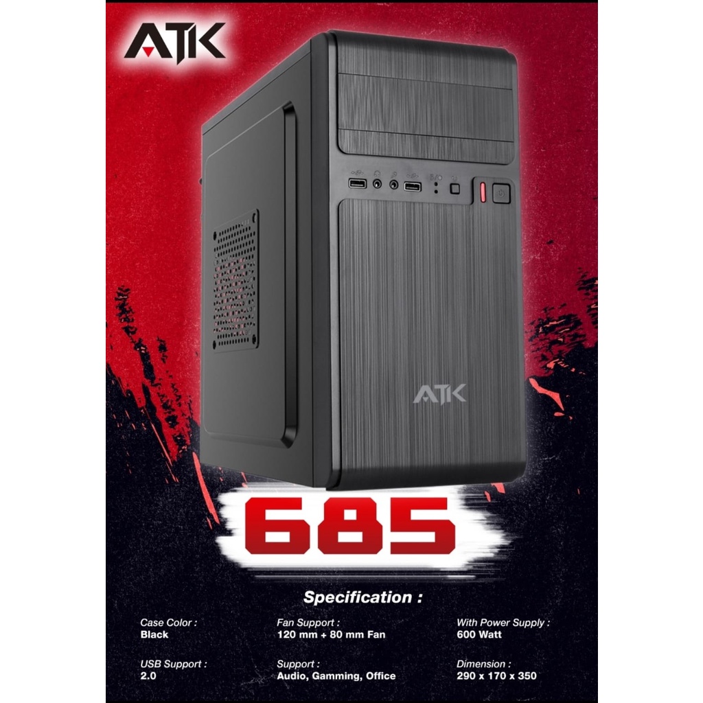 Casing Case Komputer PC ATX ATK 680 685 600W  Sudah Included 600 Watt Power Supply Unit + Power Cord