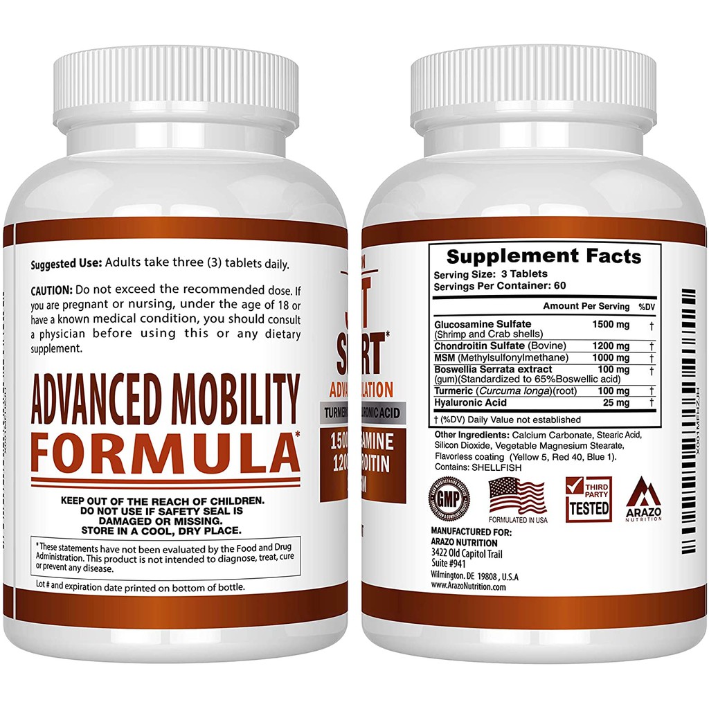 Arazo Nutrition for Joint Support with Glucosamine Chondroitin Turmeric MSM - 180 Tabs