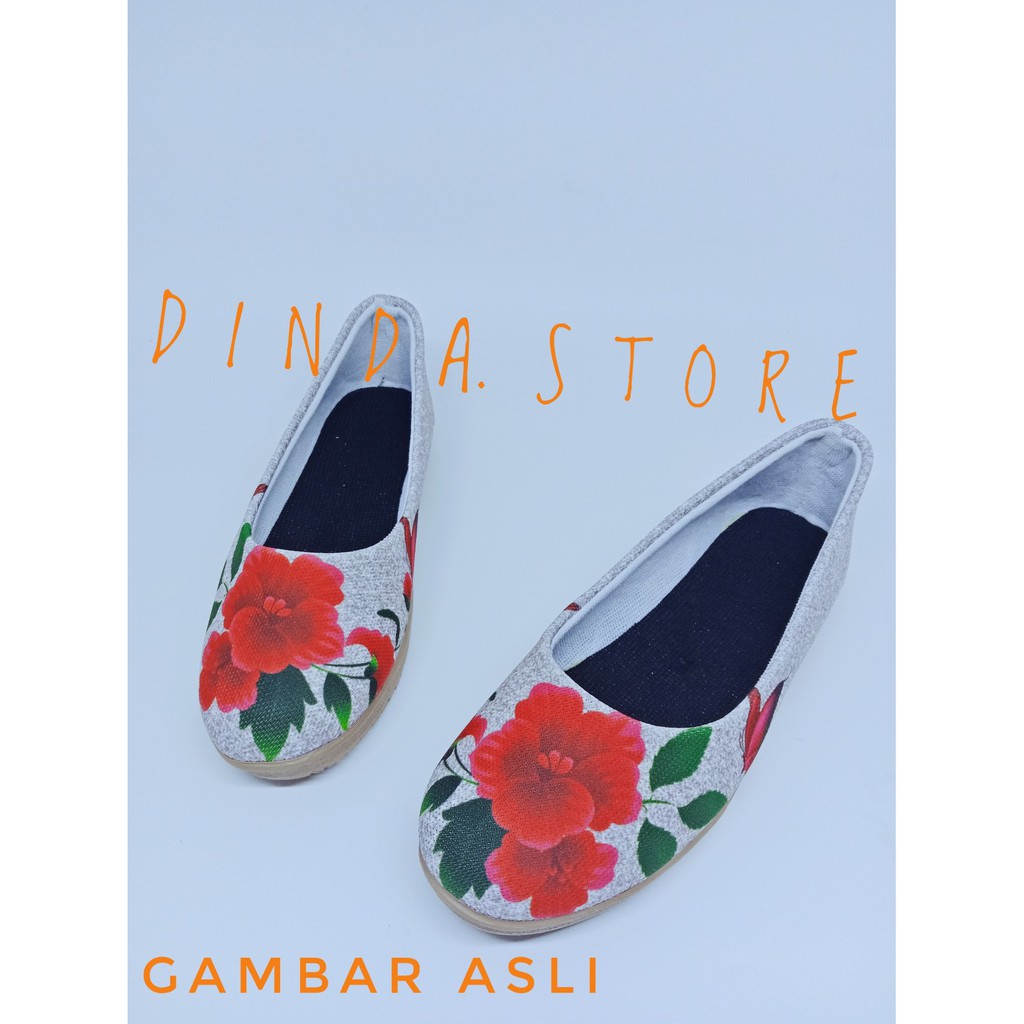 DINDA - SEPATU WANITA SLIP ON PRINTING FLOWERS ROSE BEST SELLER MURAH - ABU