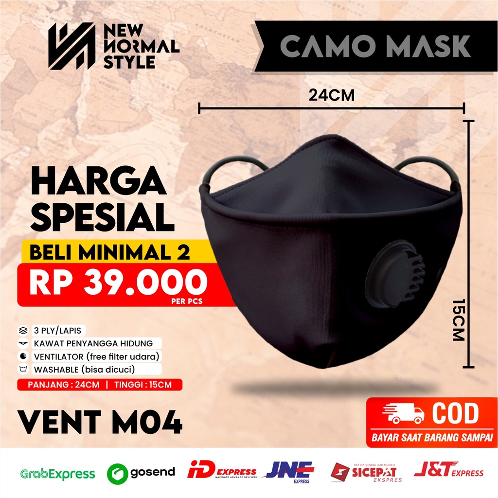VENT M-04 Masker Kain 3D 3 ply Lapis Respirator Hijab Korea Headloop Earloop Motif Hitam Pria Keren
