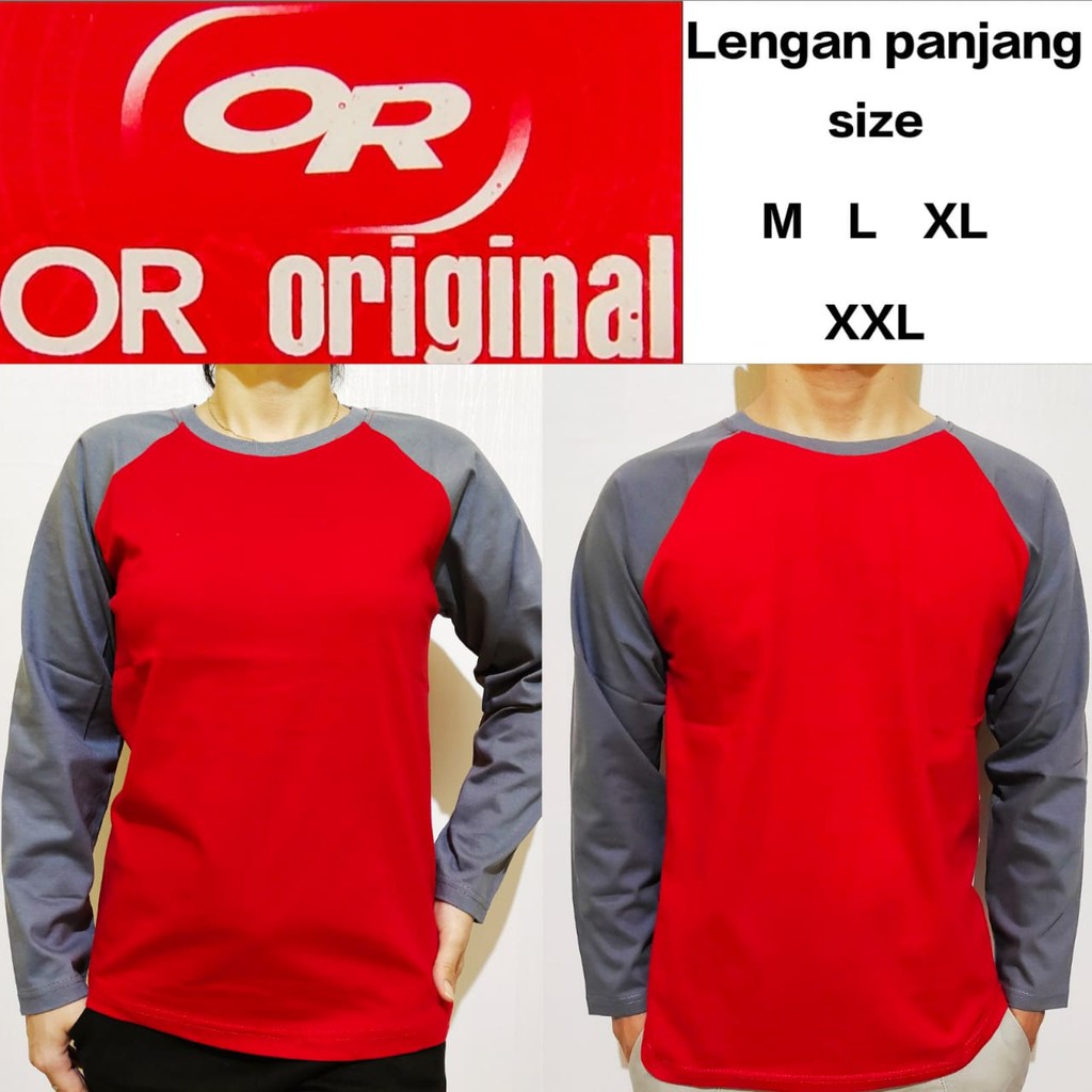 Kaos Polos Reglan Merah Lengan Abu Tua Panjang M L XL XXL