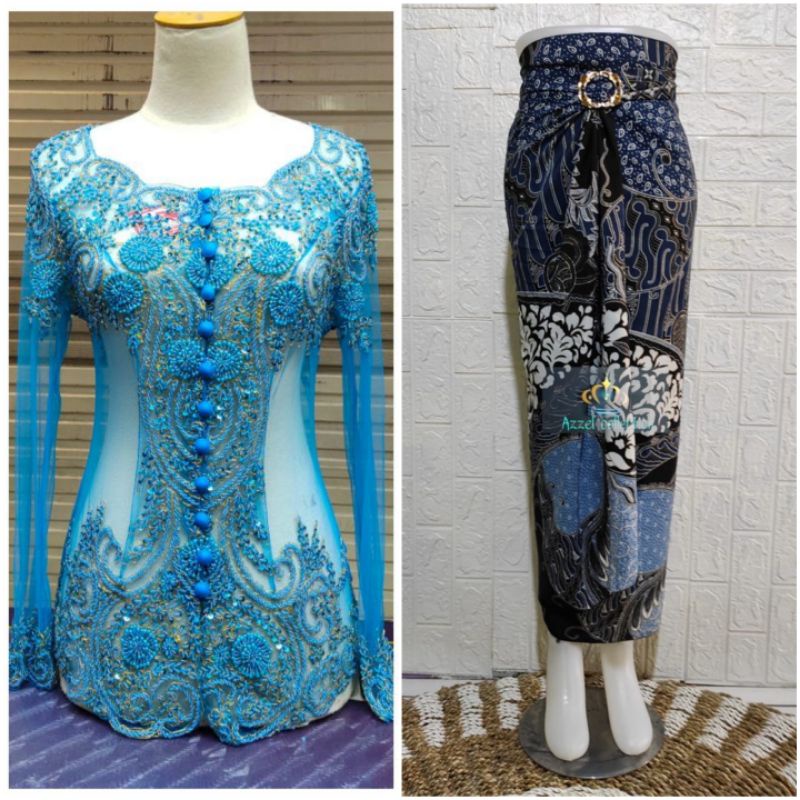 SETELAN KEBAYA PESTA MODERN SABRINA PAYET TILE BOUGENVILE LENGAN PANJANG +KAMISOL +ROK LILIT SIZE S-