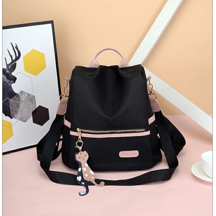 TAS RANSEL ANTI AIR WANITA TA126B5 HITAM PINK MOTIF KUCING STEIN KOREA BACKPACK KULIAH SEKOLAH KERJA