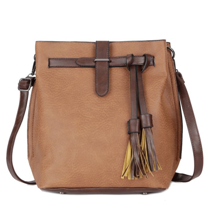 KGS Tas Selempang Wanita Casual Bucket Leather Looks Front Pocket Shoulder Bag - Coklat