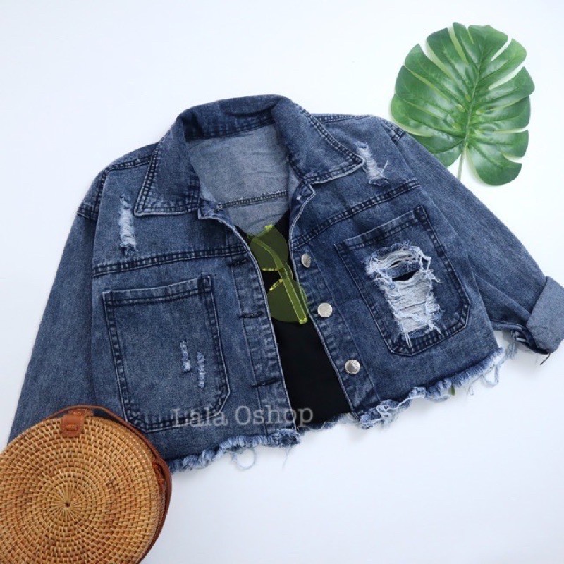 Jaket Jeans Sobek Wanita Jaket Denim Crop Rawis Oversize Saku Sobek Robek Korean Style