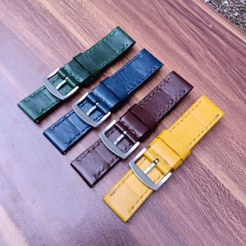 strap jam tangan kulit sapi original lokal kuning hijau biru maron ukuran 22mm dan 24 mm