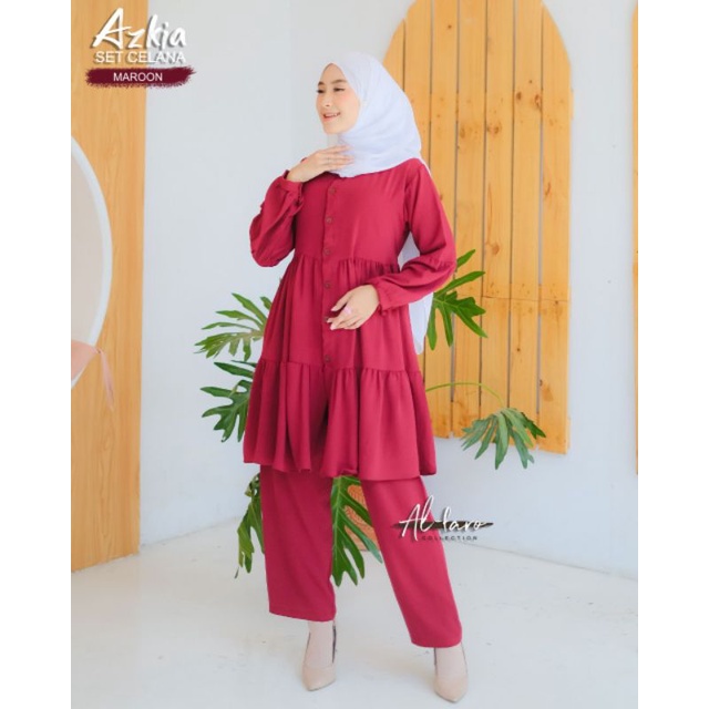 ❤RIYOSEA❤ AZKIA SET CELANA TUNIK BAHAN CRINKLE ORI BY ALFARO