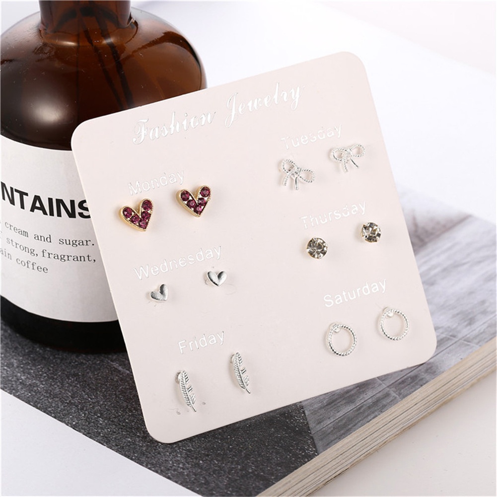 6 Pasang Anting Stud Desain Snowflake Hati Bintang Daun Permata Tiruan Untuk Wanita