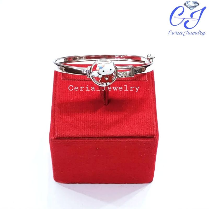 Gelang Perak Anak Asli Silver 925 Lapis Emas Putih Model Bangle Karakter Hellokitty Kembar