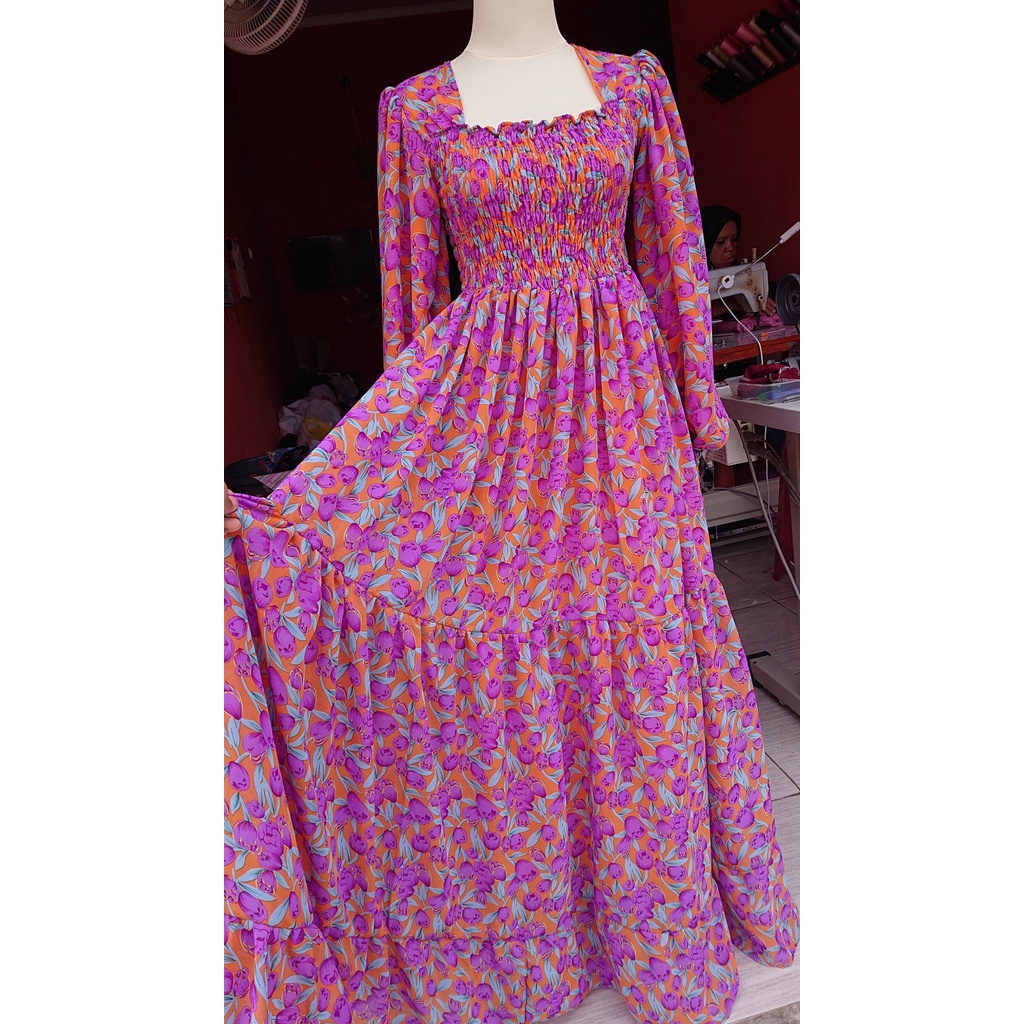 Maxi Dress Gamis Wanita Kerut Smock Lengan Balon Korea Pesta Party Kondangan Lebaran Terbaru Bahan S