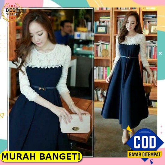 Baju Dress Wanita Modern Model Terbaru Motif Batik Lengan Pendek Selutut Party Natal Seragaman Karya