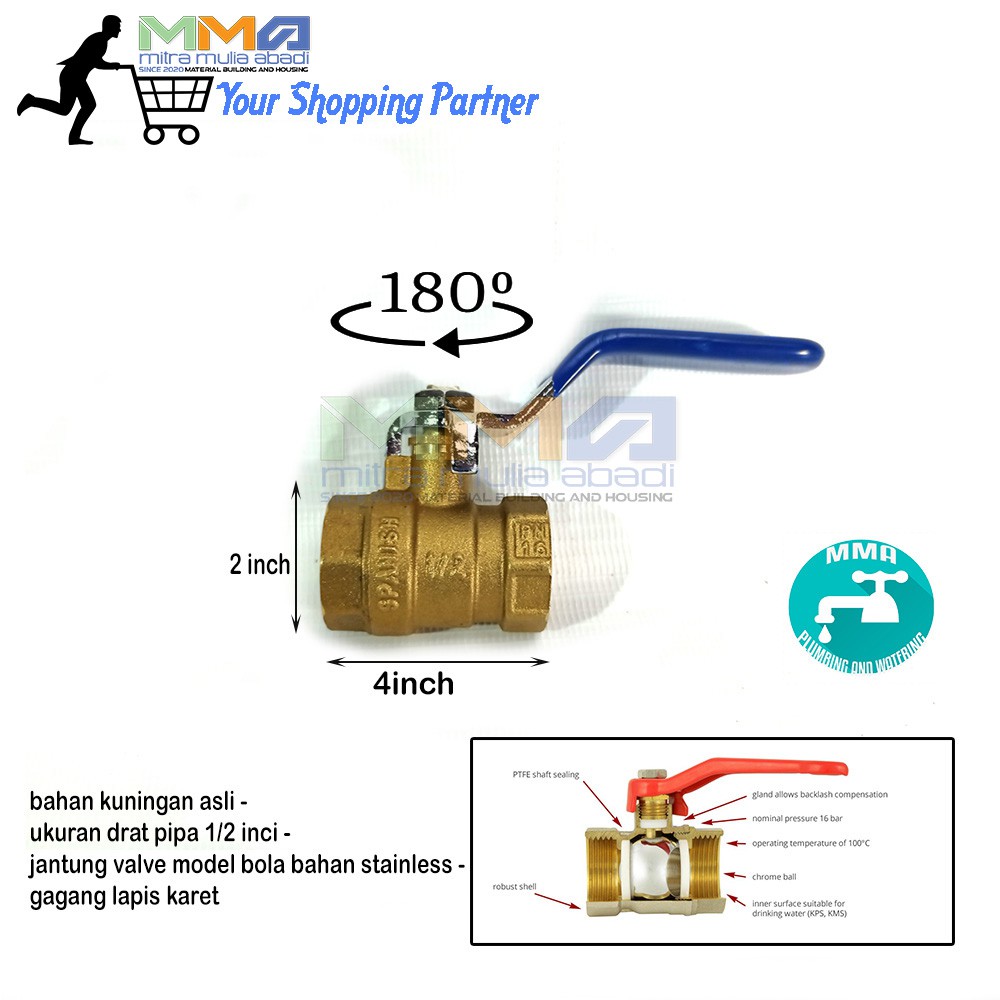 Ball Valve Kuningan ukuran 1/2 inchi - stop Kran Keran