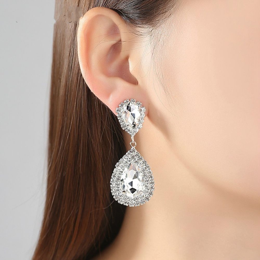 Needway  Women Jewelry Crystal Wedding Accessories Bridal Tear Drop Earrings Fashion Rhinestone Sparking Long Earrings/Multicolor