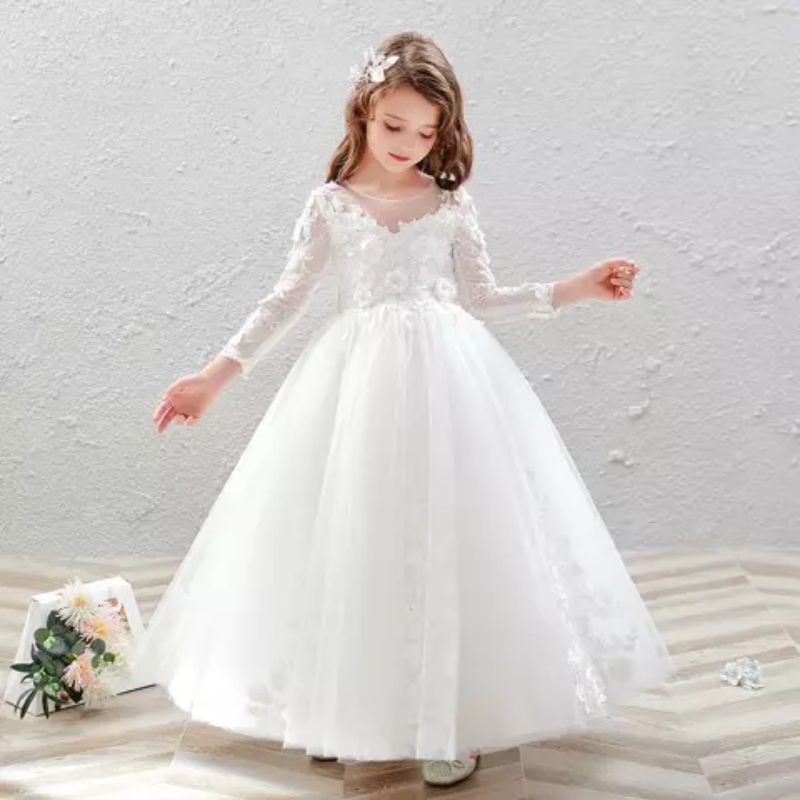 long sleeve white dress lace flower girls dress