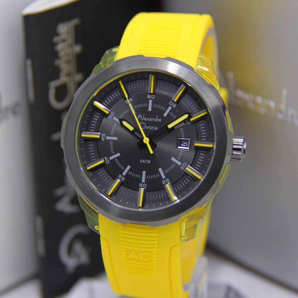 ALEXANDRE CHRISTIE 6553 PRIA RUBBER YELLOW BLACK ORIGINAL AC6553 AC 6553 JAM TANGAN COWOK TALI KARET