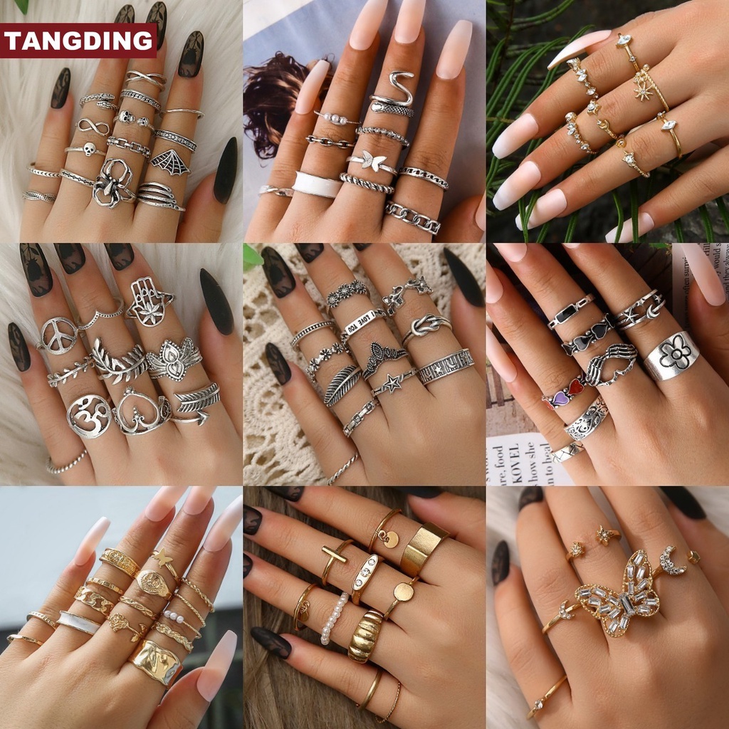 【COD Tangding】Cincin Kombinasi Pola Hati Telapak Tangan Model Rongga Gaya Boho Untuk Aksesoris Perhiasan