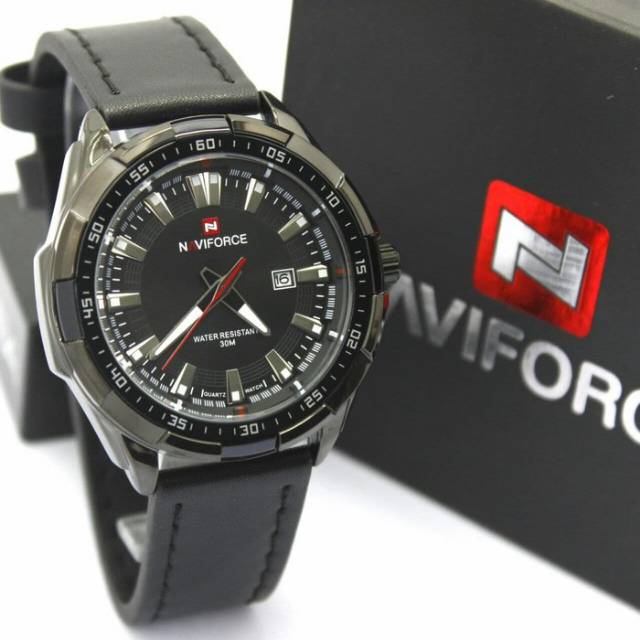 Jam Tangan Pria Naviforce 9056MB Hitam Original Strap Kulit Water Resist.