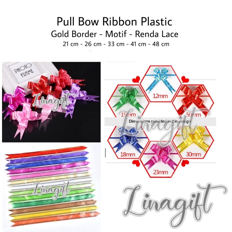 

( Pak 10 Pcs ) PULL BOW PLASTIC RIBBON - PITA TARIK SERUT 48CM LIS EMAS MOTIF PITA KADO