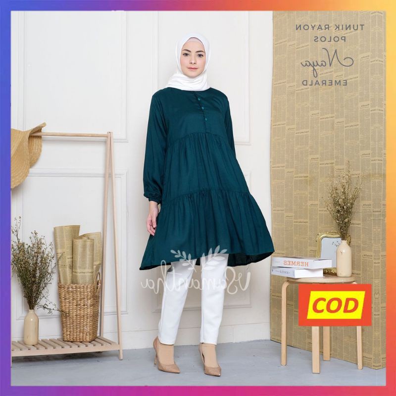 Nanoystore Tunik Muslim Polos Rempel Lengan Panjang Motif Bahan Rayon Premium Warna Emerald