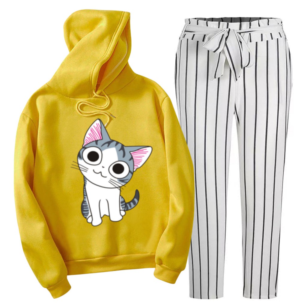 BESS - Setelan Hoodie Wanita Murah / Setelan Hoodie + Celana Salur Putih - KIKU CAT