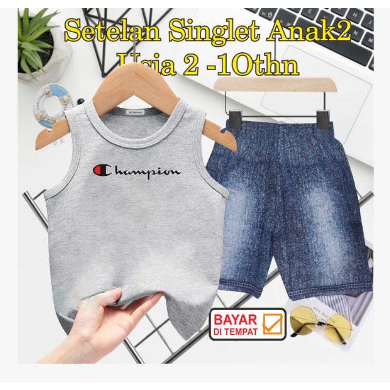 ((IB))SETELAN SINGLET ANAK SEMI JEANS/CH4MP10N DIGITAL SABLON
