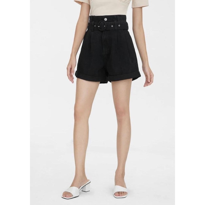 

Pomelo - Paper Bag Belted Denim Shorts Black