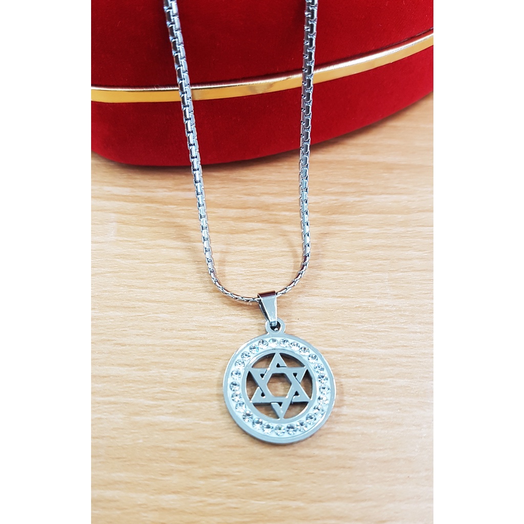 Kalung Rantai Gepeng + Leontin Bintang Daud / David Star, Besi Putih Asli  Ambon