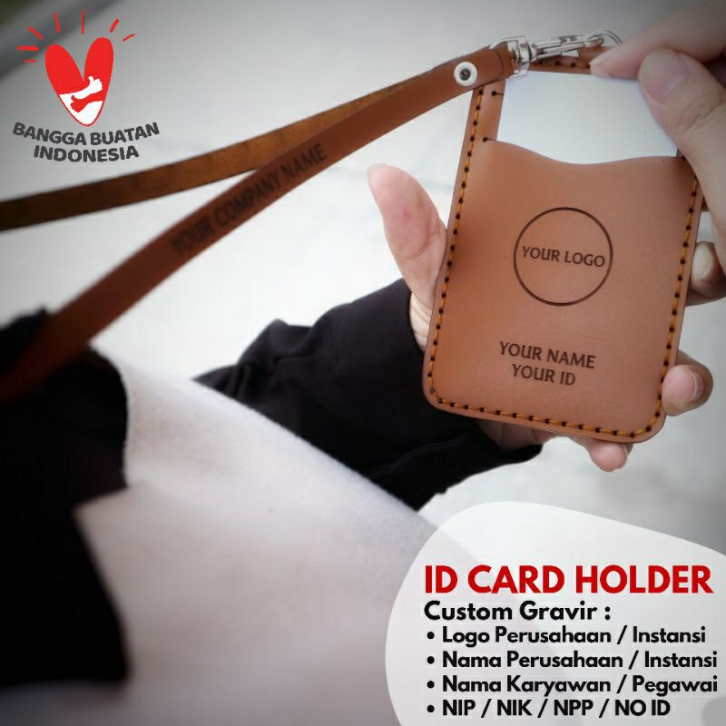 

ID Card Holder Kulit Sapi Asli Name Tag Kulit Lanyard Custom Gravir Nama/Logo