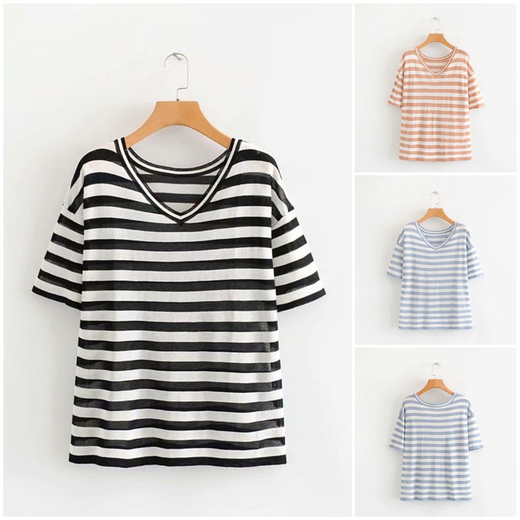 A805051 BAJU KAOS OVERSIZED TEE FIT XL BIG SIZE V NECK GARIS STRIPE FASHION WANITA KOREA IMPORT