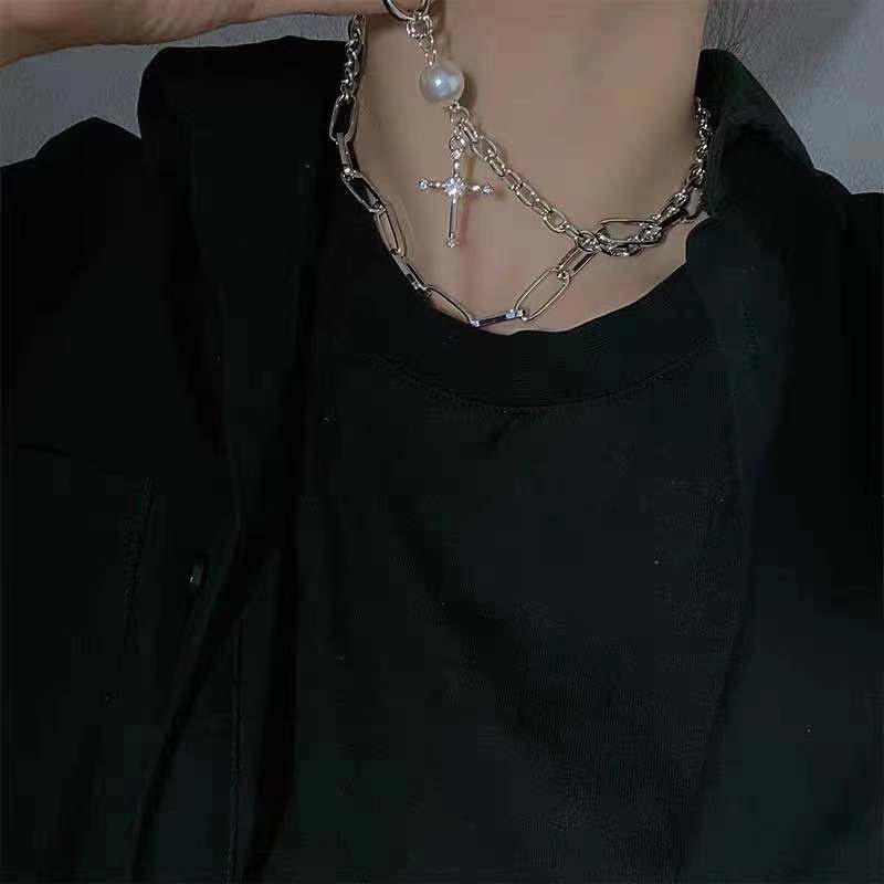 Kalung Rantai Multilayer Dengan Liontin Salib Aksen Mutiara Kristal Untuk Pria