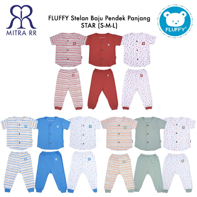 FLUFFY Stelan Baju Kancing Pendek Celana Panjang STAR S M L (3-12 bulan) Setelan Baju Bayi 3 Pasang