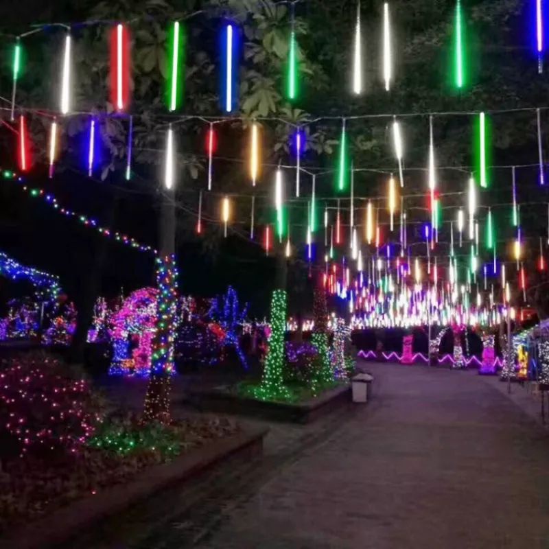 LAMPU LED HUJAN METEOR MERAH PUTIH 10 BATANG 50 CM WARNA WARNI POHON RGB 8 BT HIAS DEKORASI NATAL PANGGUNG TAMAN FULL COLOR NAIK TURUN RUNNING BERJALAN OTOMATIS